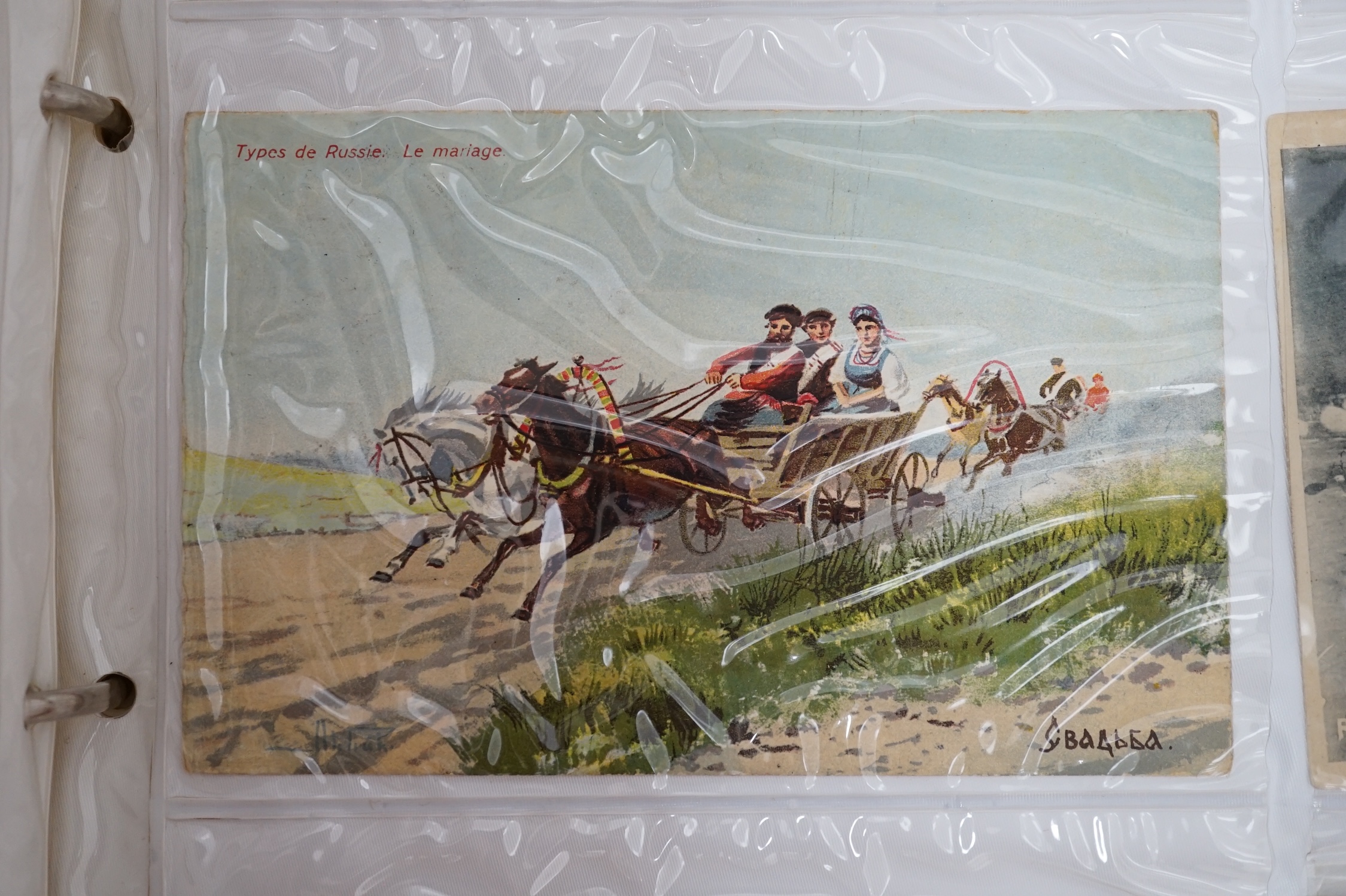 A postcard album with contents including WWI and WWII postcards. Condition - stored in damp location